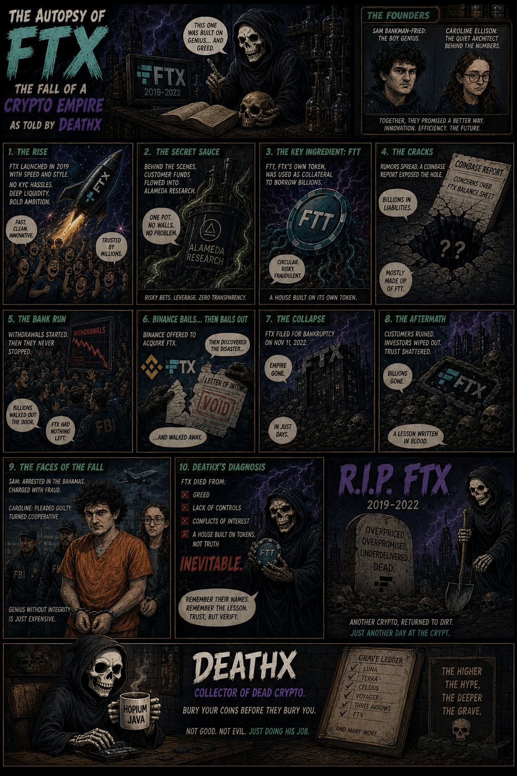 Comic: The autopsy of FTX — built on genius and greed, buried by DeathX.