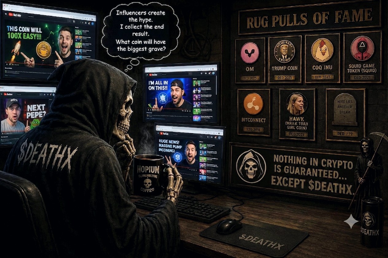 DeathX's office with the Rug Pulls of Fame wall
