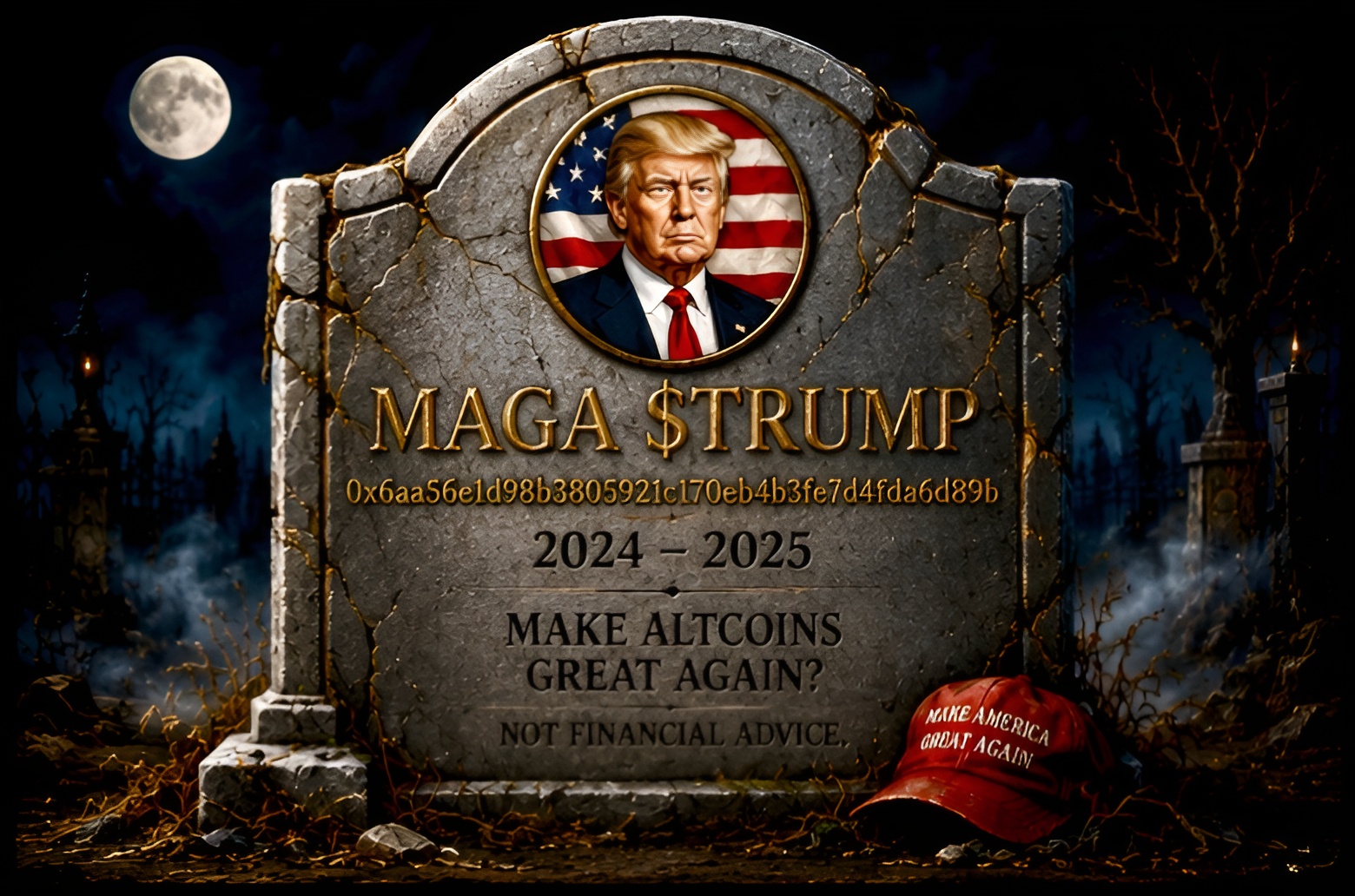 MAGA $TRUMP tombstone — 2024-2025. Make altcoins great again? Not financial advice.