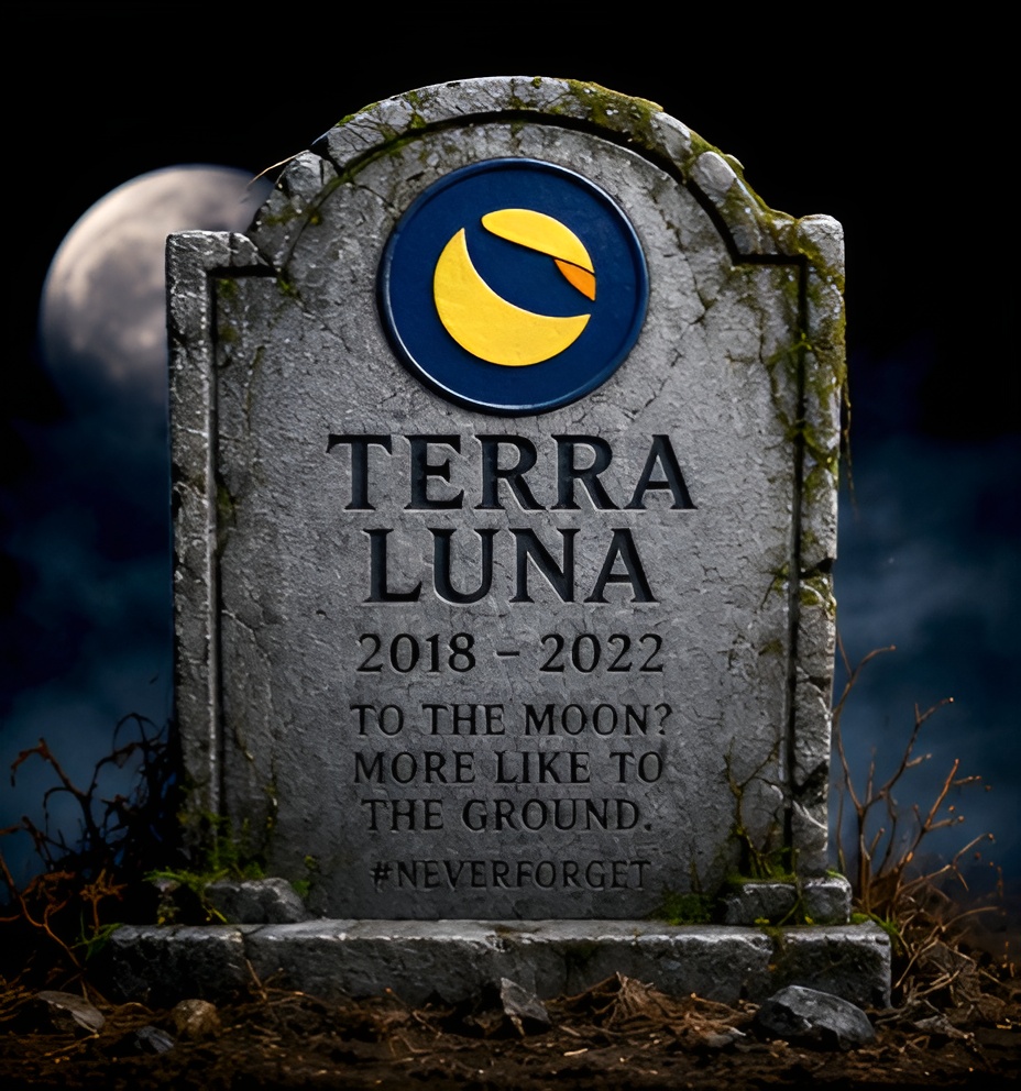 Terra Luna tombstone — 2018-2022. To the moon? More like to the ground. #NeverForget