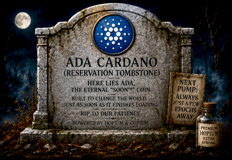 ADA Cardano reservation tombstone — the eternal 'soon' coin. Powered by hopium & copium.