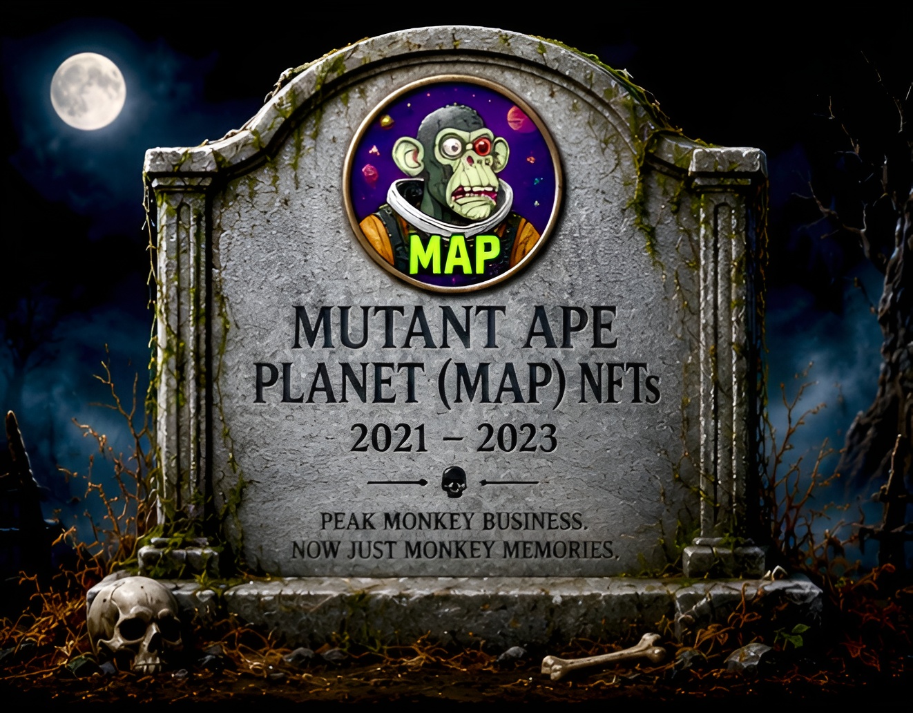 Mutant Ape Planet NFTs tombstone — 2021-2023. Peak monkey business, now just monkey memories.