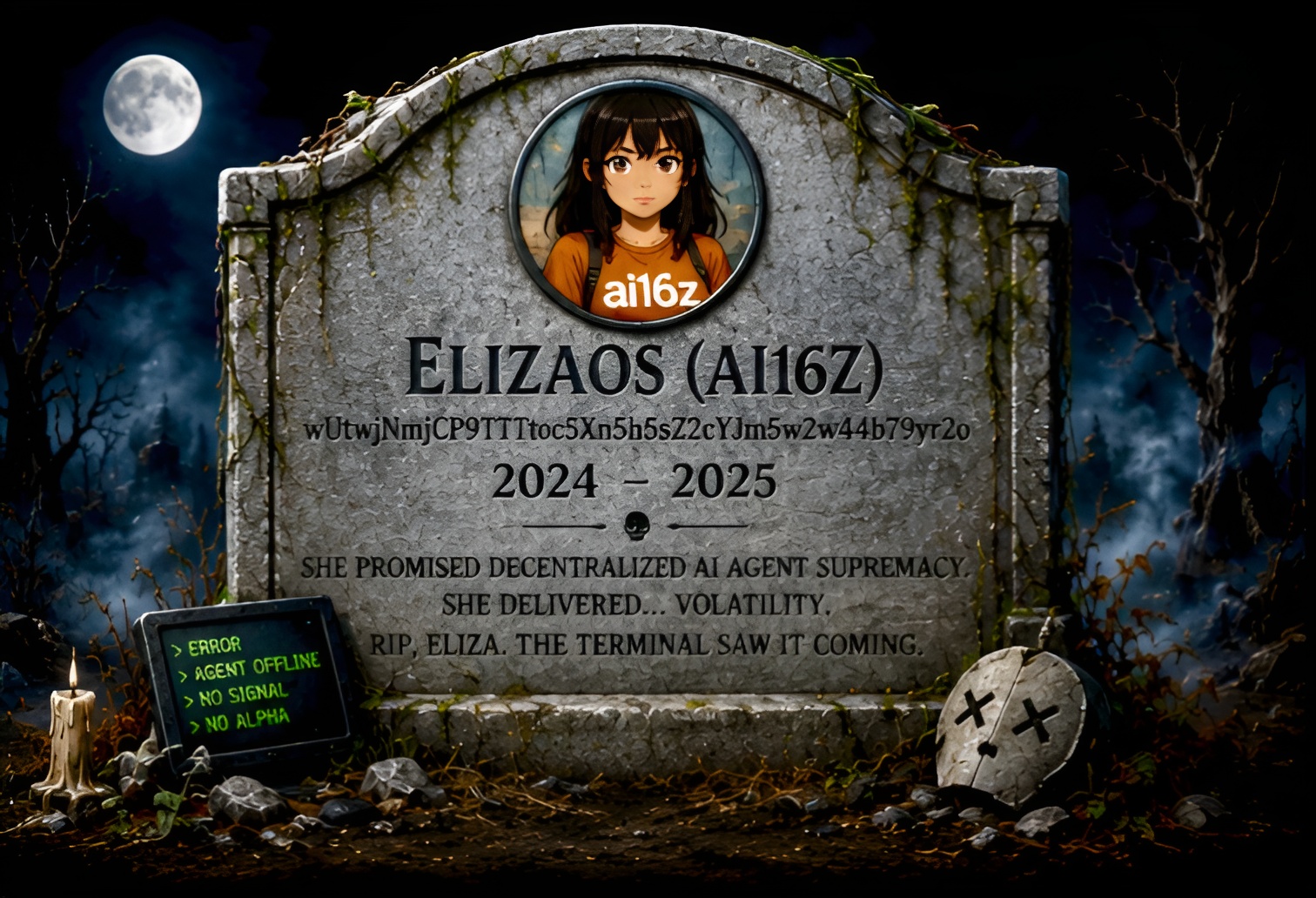 ElizaOS ai16z tombstone — 2024-2025. Promised decentralized AI agent supremacy. Delivered volatility.