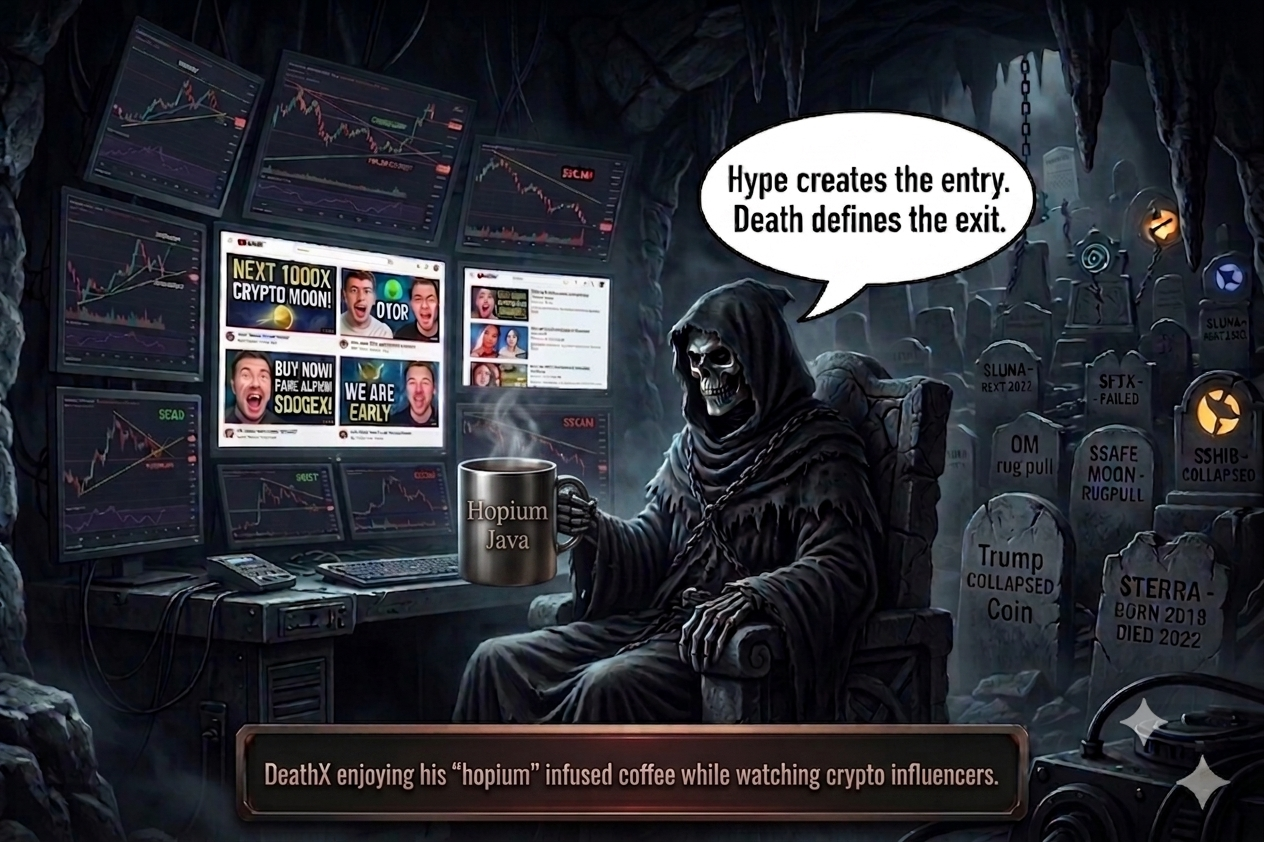 DeathX seated at his throne watching crypto influencers on glowing screens