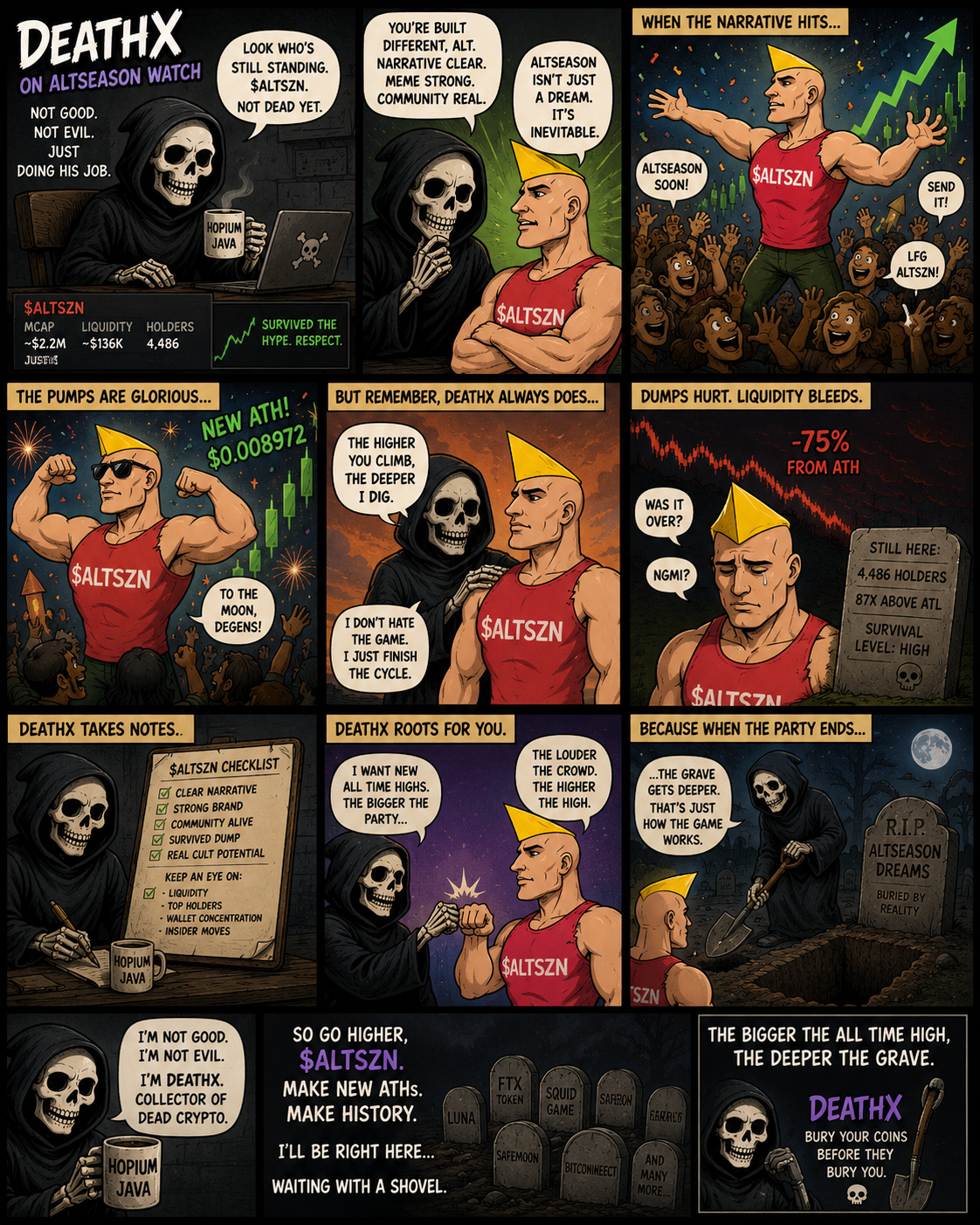 Comic: DeathX watches $ALTSZN ride the altseason cycle with shovel in hand.
