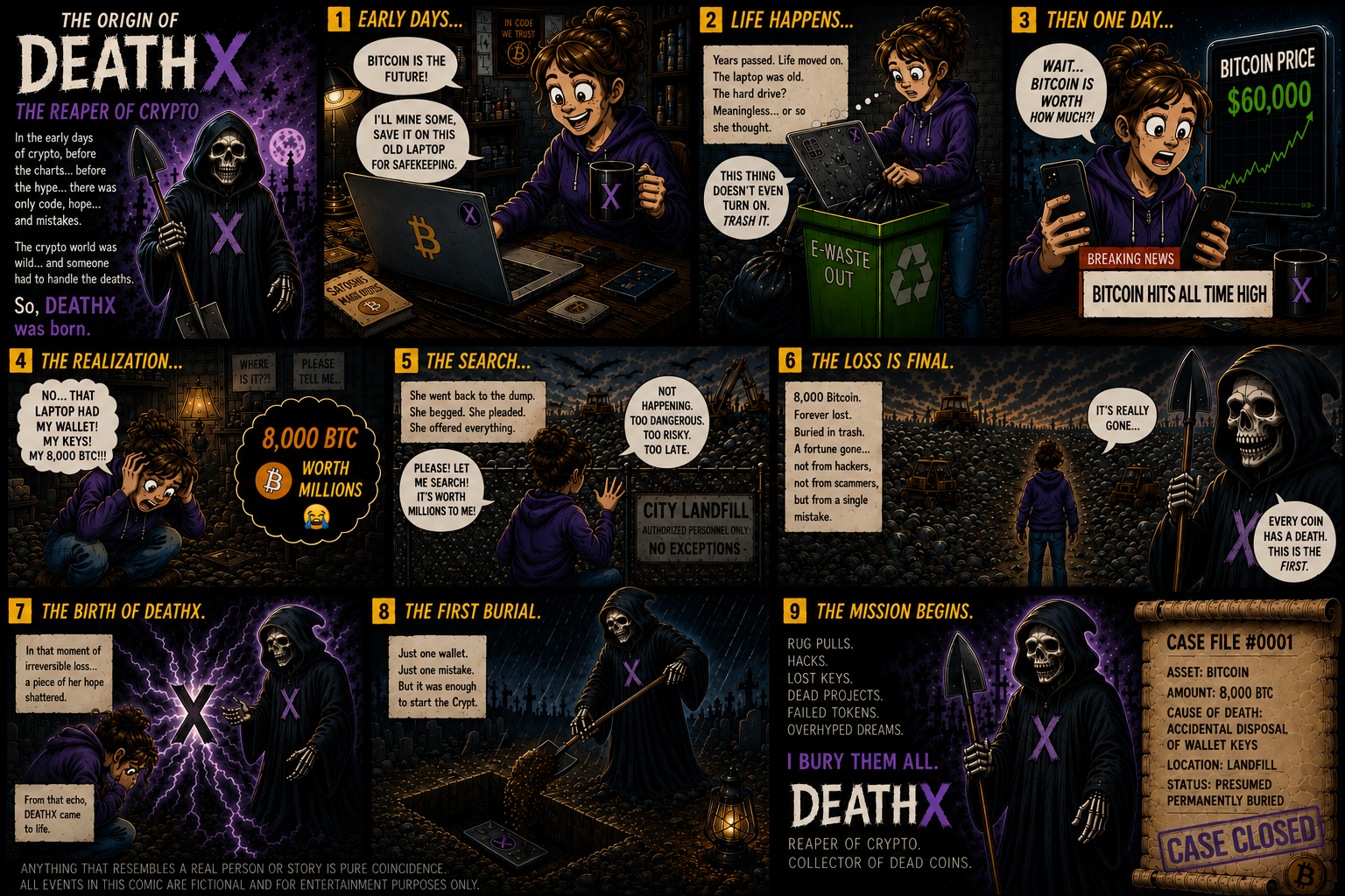 The Origin of DeathX — a nine-panel comic telling the story of 8,000 BTC lost in a landfill and the birth of the Reaper of Crypto.