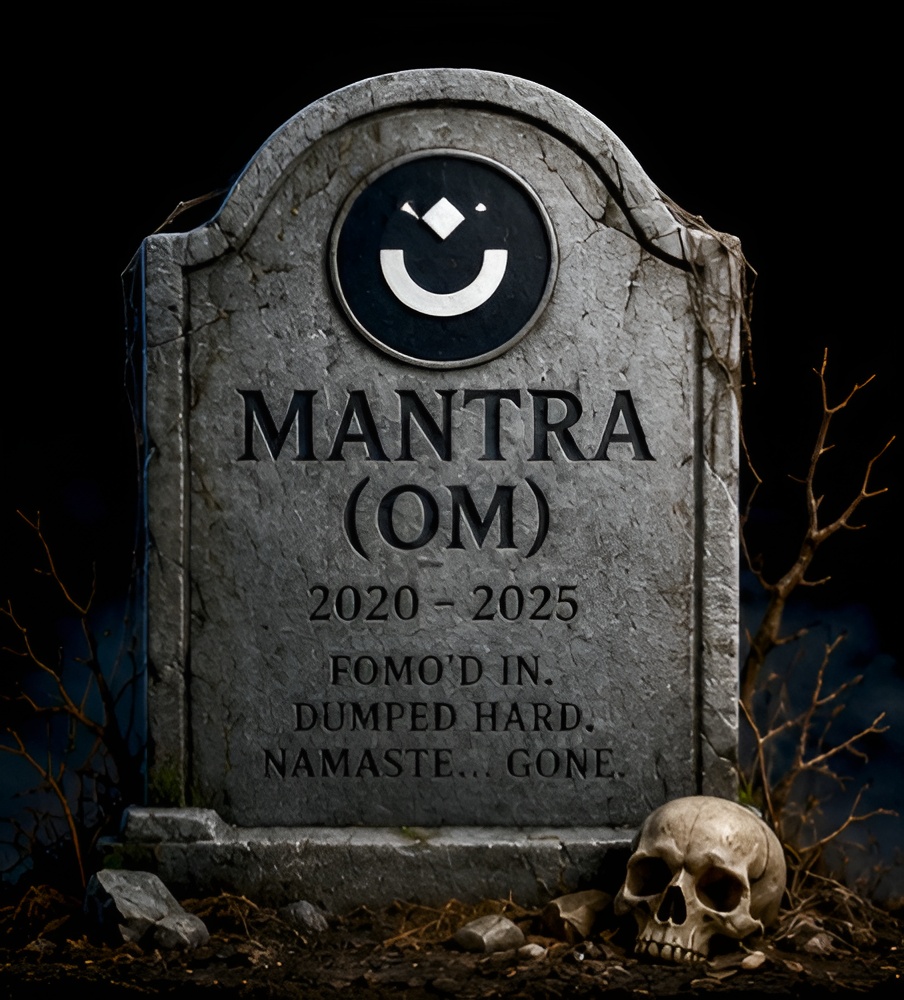 Mantra OM tombstone — 2020-2025. FOMO'd in. Dumped hard. Namaste… gone.